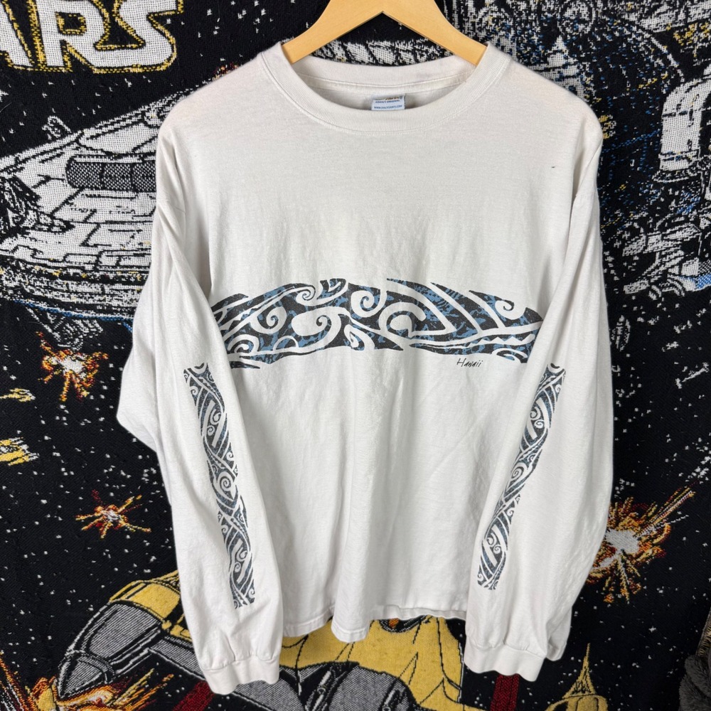 Crazy Shirts Hawaii Long Sleeve Graphic Tee Mens XL White Tribal Wave Print